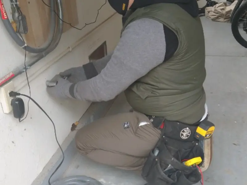 Electrician performing outlet wiring in a Evergreen garage